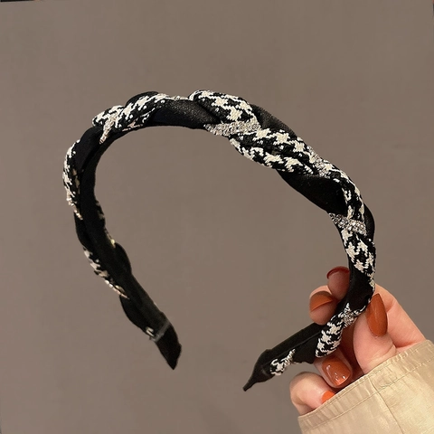 Dames Elegant Hahnentritt Strass Gevlochten Haarband Zwart Satijn Gedraaid Breed Haarklem Accessoires Voor Feest