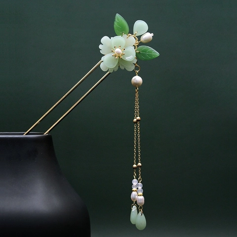 Palillo para el Pelo de Aleación Estilo Chino Vintage Flor de Peonía Con Borla Larga Perla Artificial de Imitación para Mujer