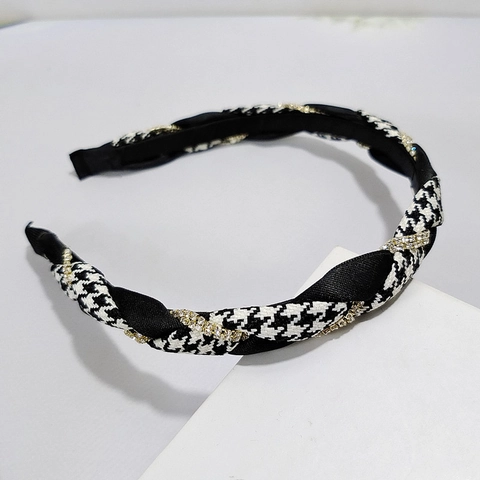 Dames Elegant Hahnentritt Strass Gevlochten Haarband Zwart Satijn Gedraaid Breed Haarklem Accessoires Voor Feest