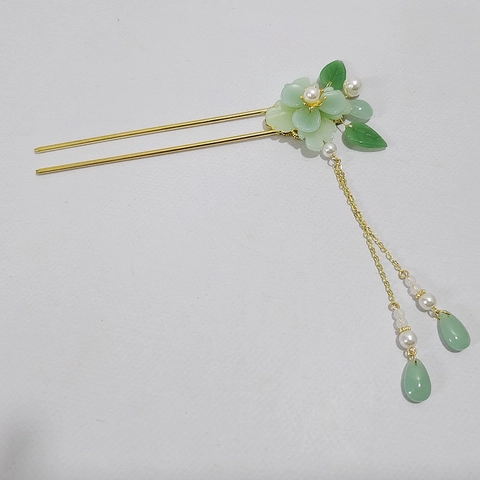 Vintage Chinese Style Alloy Peony Flower Hair Stick With Long Tassel Faux Jade Artificial Pearl Hairpin For Hanfu Women Jewelry