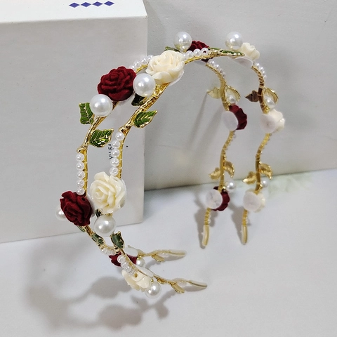 French Vintage Rose Flower Artificial Pearl Headband For Women Gold Vine Hair Hoop For Wedding Party Anniversary Fashion Hair Accessories