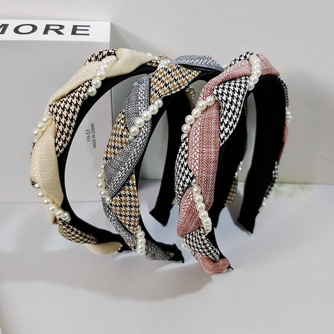 Diadema Vintage Pata de Gallo Cuadros Trenza Retorcida para Mujer Perla Artificial Diadema Ancha Estilo Coreano Accesorios