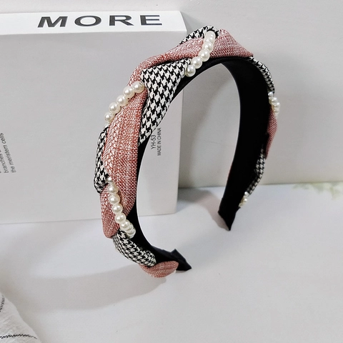 Diadema Vintage Pata de Gallo Cuadros Trenza Retorcida para Mujer Perla Artificial Diadema Ancha Estilo Coreano Accesorios