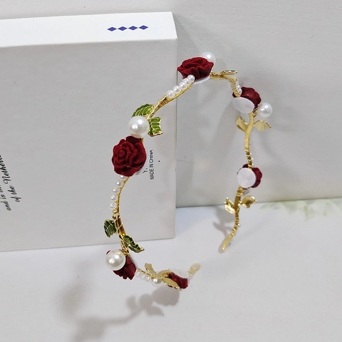 French Vintage Rose Flower Artificial Pearl Headband For Women Gold Vine Hair Hoop For Wedding Party Anniversary Fashion Hair Accessories