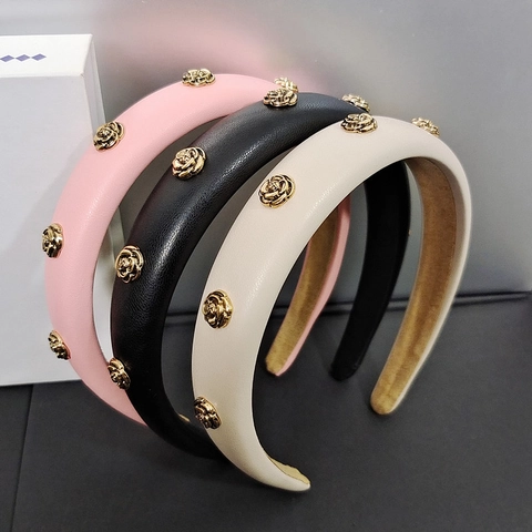 Vintage Kamelie Gepolstertes Haarband Kunstleder Stoff Haarreif Mit Gold Metall Rose Blume Elegante Retro Haarschmuck Für Damen