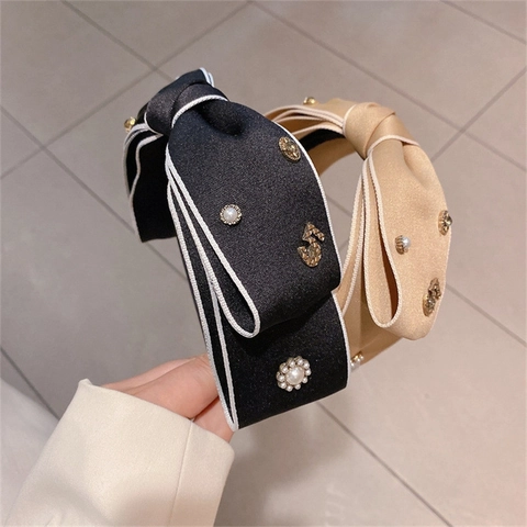 Eleganter Satin Schleife Haarreif Für Damen Mit Künstlicher Perle Strass Nummer 5 Design Vintage Koreanischer Stil Haarschmuck