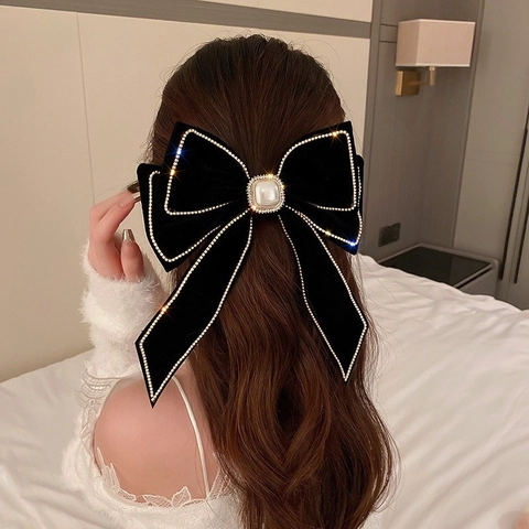 Grande Fermaglio per Capelli a Fiocco in Velluto per Donna Lussuoso Nappina di Strass Perla Artificial Tornante Oversize Vintage Elegante