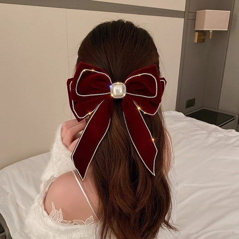 Grande Fermaglio per Capelli a Fiocco in Velluto per Donna Lussuoso Nappina di Strass Perla Artificial Tornante Oversize Vintage Elegante