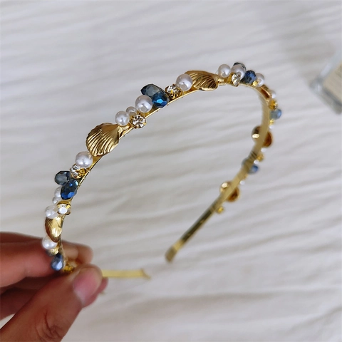 Elegante Cerchietto a Tema Oceano in Lega Dorata Con Perle Artificiali Strass e Accessori a Conchiglia per Capelli Donna