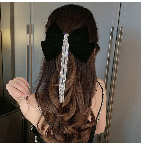 Eleganter Schleife Haarclip Mit Langen Strass Quasten Samt Stil Stoff Federclip Hochzeit Braut Party Haarschmuck