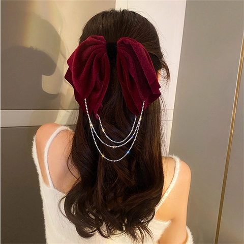 Pasador para el Cabello con Lazo de Terciopelo Estilo Francés Elegante Borla de Strass Clip de Resorte para Mujer Accesorio de Tela Vintage