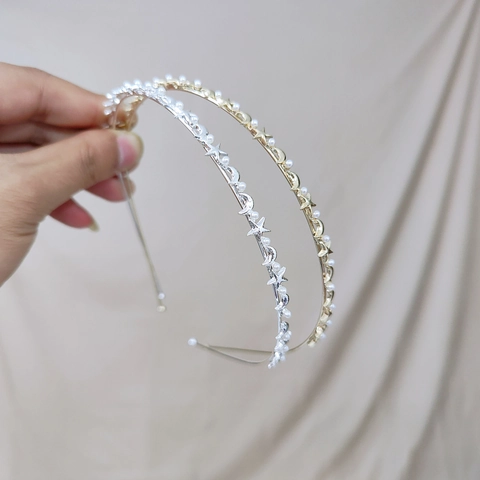 Cerchietto Sottile in Metallo con Stelle Lune e Künstliche Perle per Donna Elegante Cerchietto in Lega Oro Argento Accessori Capelli