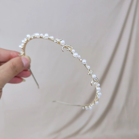 Elegante Cerchietto in Metallo Dorato Con Künstliche Perle Sintetiche Strass Stelle Luna Fiori Decorativi Accessorio Capelli Donna Festa