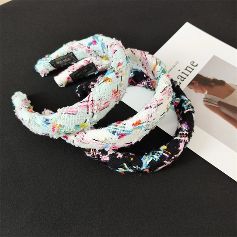 Französisches Vintage Gepolstertes Tweed Haarband Breit Dick Schwamm Stirnband Bunt Kariert Haarreif Elegant Damen Schmuck