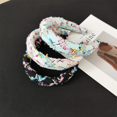 Französisches Vintage Gepolstertes Tweed Haarband Breit Dick Schwamm Stirnband Bunt Kariert Haarreif Elegant Damen Schmuck