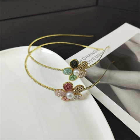 Serre-tête Floral de Style Coréen pour Femmes Bandeau en Alliage d'Or avec Strass et Fleur en Künstliche Perles d'Imitation Bijoux