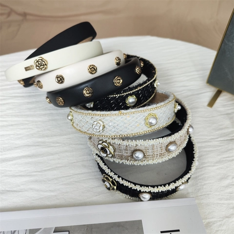 Französisch Retro Kamelie Breite Haarreif Für Damen Elegant Tweed PU Leder Künstliche Perle Haarreif Vintage Haarschmuck