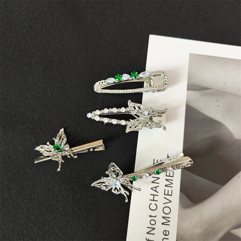 Vintage Silber Legierung Schmetterling Haarklammer Smaragdgrün Strass Entenschnabel Haarschmuck Damen Elegant Kopfschmuck