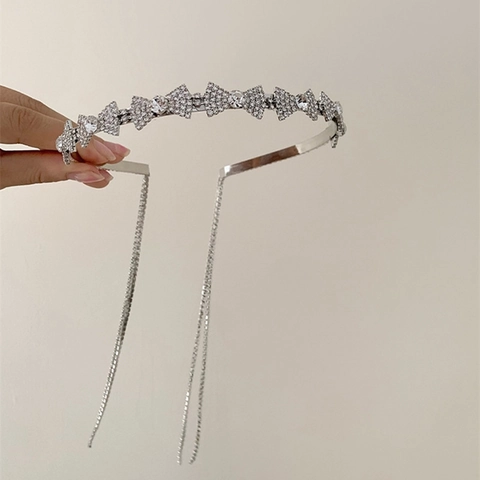 Élégant Serre-Tête Nœud en Strass Style Français Avec Long Gland Alliage Argent Serre-Tête pour Femmes Mariage Fête Accessoires Cheveux