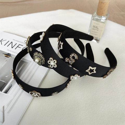 Vintage Barock Schwarz Satin Haarreif Mit Strass Künstliche Perlen Kamelie Stern Dekor Eleganter Haarschmuck Für Damen