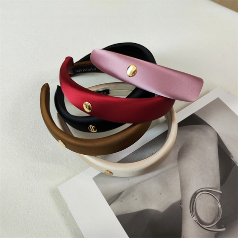 Diadema Acolchada de Satén Vintage para Mujer Elegante Color Sólido Aro de Pelo Ancho con Hebilla de Metal Hecha a Mano Moda
