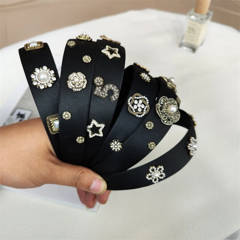 Vintage Barock Schwarz Satin Haarreif Mit Strass Künstliche Perlen Kamelie Stern Dekor Eleganter Haarschmuck Für Damen