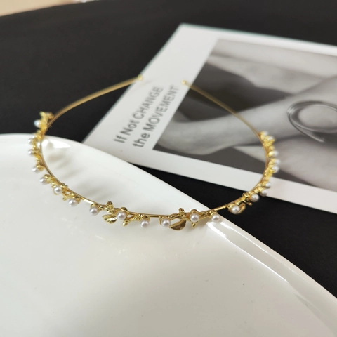 Französischer Vintage Gold Legierung Dünner Haarreif Mit Künstlichen Künstliche Perlen Und Goldenen Blättern Botanischer Haarband Für Damen Hochzeit Party Haarschmuck