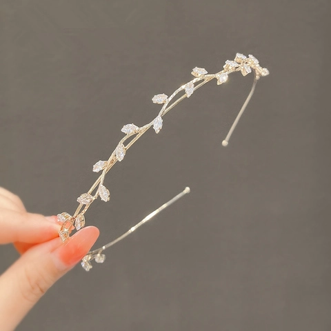 Cerchietto Oro Foglia Zircone Francese Vintage Elegante Tiara Ramo Foresta Strass per Donna Matrimonio Accessori per Capelli
