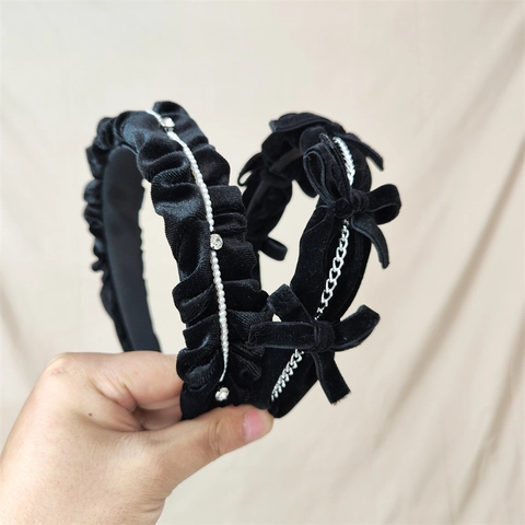 Cerchietto Vintage in Velluto Nero Con Fiocco Per Donna Francese Increspato Con Catena d'Argento Perla Artificiale Strass