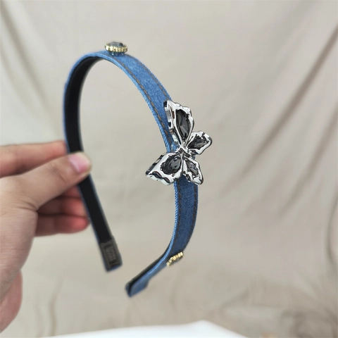 Vintage Blau Denim Schmetterling Haarreif Mit Strass Legierung Metall Charme Haarreif Für Damen Y2K Stil Haarschmuck