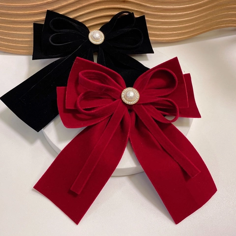 Pince à Cheveux Élégante en Tissu Vintage Nœud Papillon pour Femmes Style Français avec Perle Artificielle et Strass