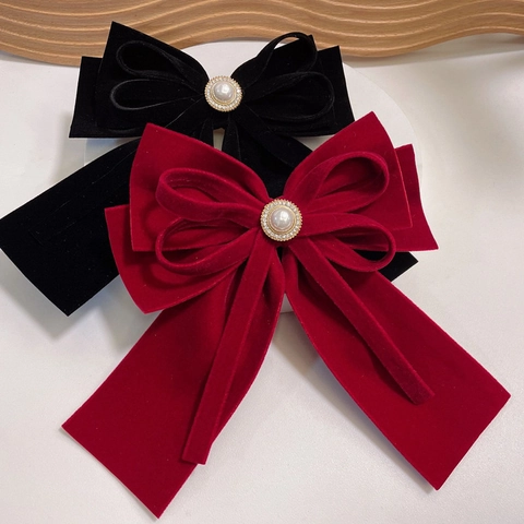 Pince à Cheveux Élégante en Tissu Vintage Nœud Papillon pour Femmes Style Français avec Perle Artificielle et Strass