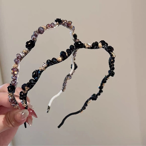 Handmade Artificial Crystal Flower Beaded Headband Retro Alloy Hair Hoop For Women Korean Style Elegant Hair Accessories