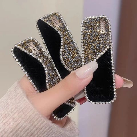 Pinza para el Cabello de Terciopelo Negro con Strass Vintage Coreano para Mujer Clip BB de Aleación con Placa de Metal Geométrica Accesorios