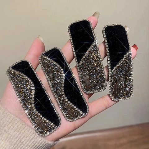 Pinza para el Cabello de Terciopelo Negro con Strass Vintage Coreano para Mujer Clip BB de Aleación con Placa de Metal Geométrica Accesorios