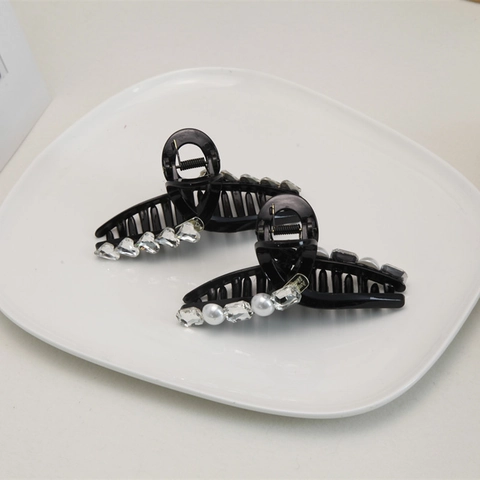 Pinza Per Capelli In Acrilico In Stile Coreano Per Donna Eleganti Mollette Per Capelli Grandi Nere Con Strass E Perle Artificiali A Cuore Quadrato