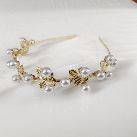 Diadema Barroca de Aleación Dorada con Hoja y Perla Artificial Elegante Estilo Bosque Rama Metálica Banda para Pelo para Mujer Boda Fiesta