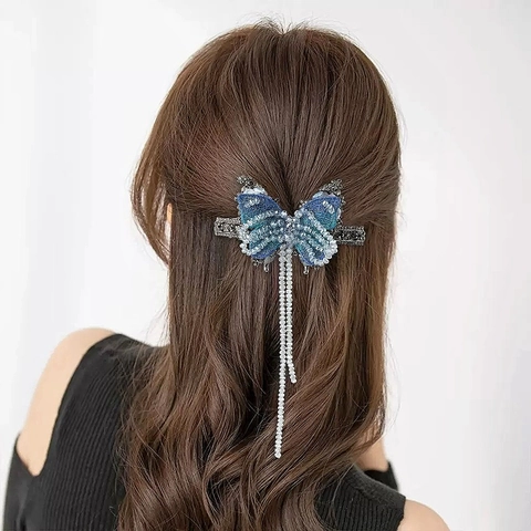 Fermaglio per Capelli Elegante a Farfalla Vintage con Perline Blu e Nappa a Molla con Cristalli Strass per Donna
