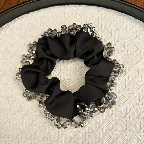 Elegant Satin Scrunchies With Crystal Beaded Trim For Women Korean Fashion Hair Tie Elastic Hair Band Accessory Daily Office