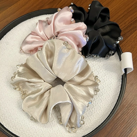 Eleganter Strass Perlen Satin Oversized Scrunchie Hohe Elastizität Haargummi Glatte Seidentextur Haar Accessoires Für Damen