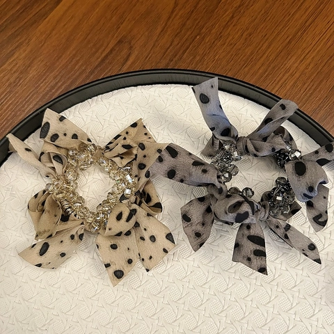 Women Leopard Print Bowknot Scrunchies Handmade Mesh Beaded Hair Ties With Artificial Crystal Decoration Stylish Headwear