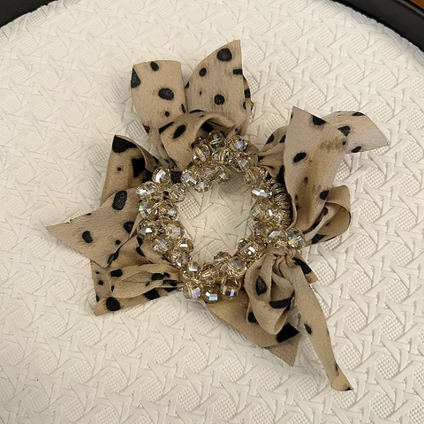 Women Leopard Print Bowknot Scrunchies Handmade Mesh Beaded Hair Ties With Artificial Crystal Decoration Stylish Headwear