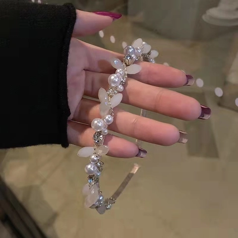 Korean Style Artificial Pearl Rhinestone Headband For Women Elegant Flower Leaf Wedding Party Decorative Hairband