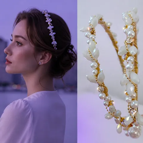 Korean Style Artificial Pearl Rhinestone Headband For Women Elegant Flower Leaf Wedding Party Decorative Hairband