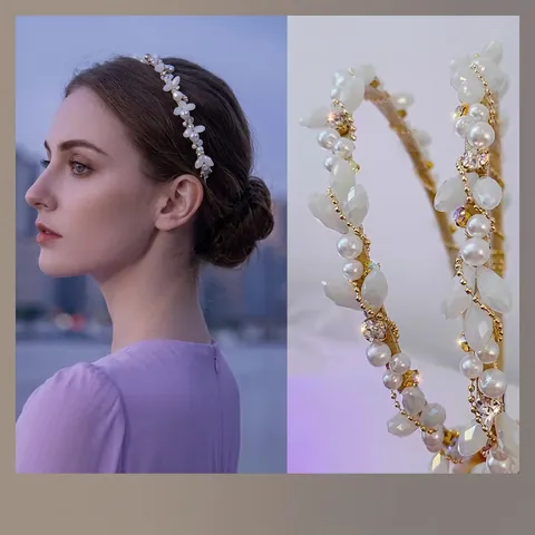 Korean Style Artificial Pearl Rhinestone Headband For Women Elegant Flower Leaf Wedding Party Decorative Hairband