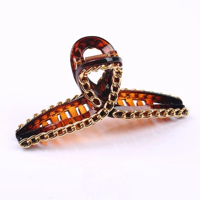 Elegant Large Hair Claw Clip For Women Vintage Tortoise Shell Resin Clip With Gold Metal Chain Decor Hair Accessories