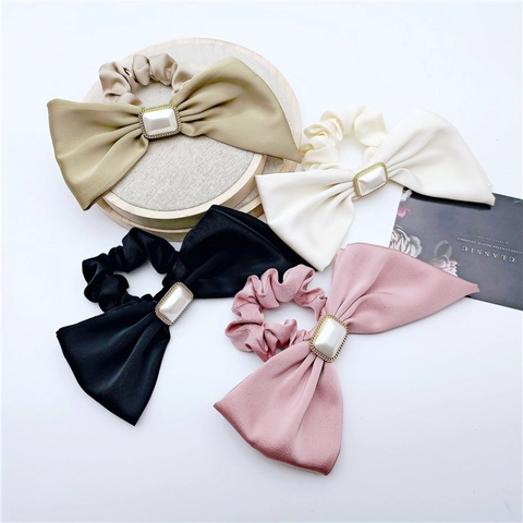 Vintage Satin Schleife Scrunchie Für Damen Rechteckige Künstliche Perle Legierung Rahmen Haargummi Elegant Ponytail Halter Haarschmuck