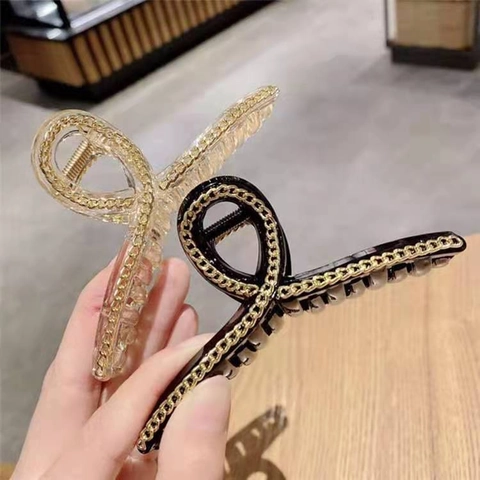 Elegant Large Hair Claw Clip For Women Vintage Tortoise Shell Resin Clip With Gold Metal Chain Decor Hair Accessories