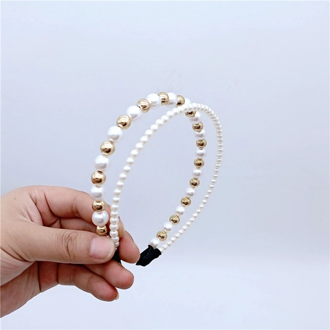 Elegant Korean Style Double Row Artificial Pearl Gold Bead Headband Sweet Hair Band For Women Daily Hair Accessories