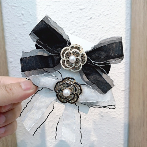 Coletero Lazo Camelia Estilo Francés Tela Organza Scrunchie Elástico Con Perla Artificial Strass Para Mujer Elegante